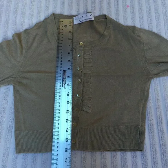 Debra C Beverly Hills Cardigan Sweater Ruffle Front Cropped Tan Size Medium Silk